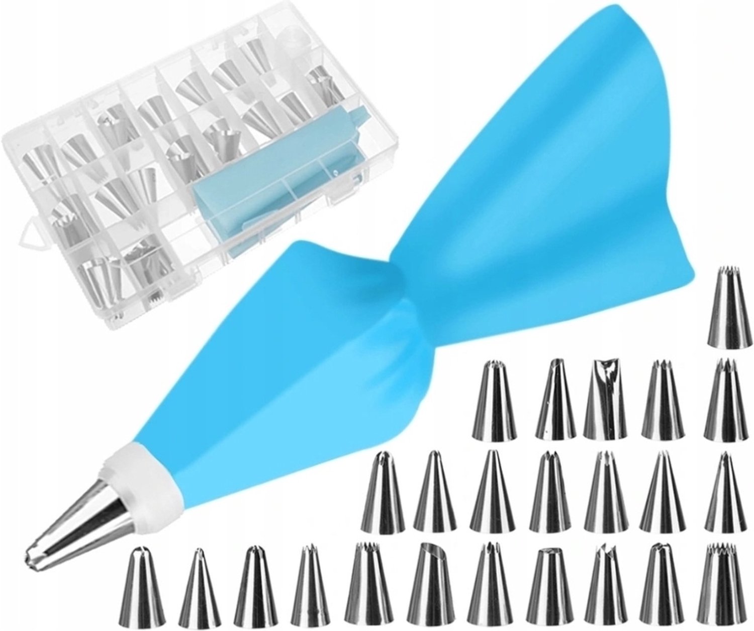 Ilso Slagroom garneer spuitzak met 24 RVS spuitmondjes – blauw - Herbruikbaar – Siliconen spuit zak voor decoratie van patisserie – Garneer spuitzak – Taartdecoratie – Rozetjes opspuiten