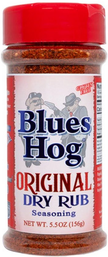 Rode pot Blues Hog Original Dry Rub met afbeelding van varkens met een gitaar, 156g.