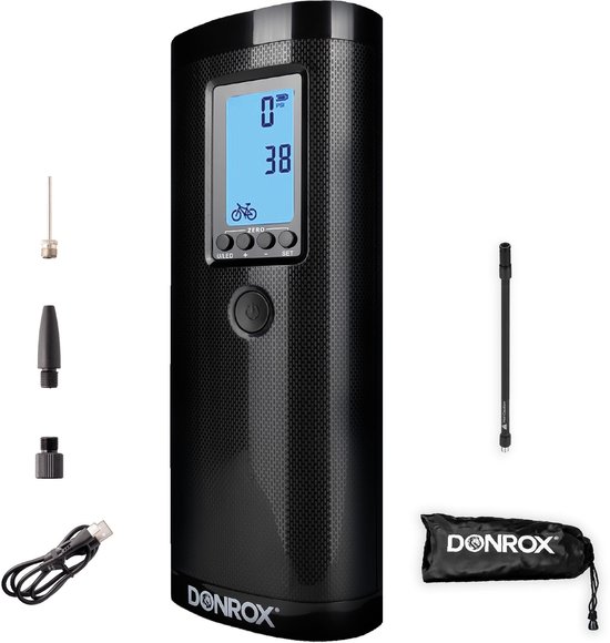 Zwarte DONROX elektrische fietspomp met digitaal display, inclusief ventieladapters, oplaadkabel, slang en opbergtas.