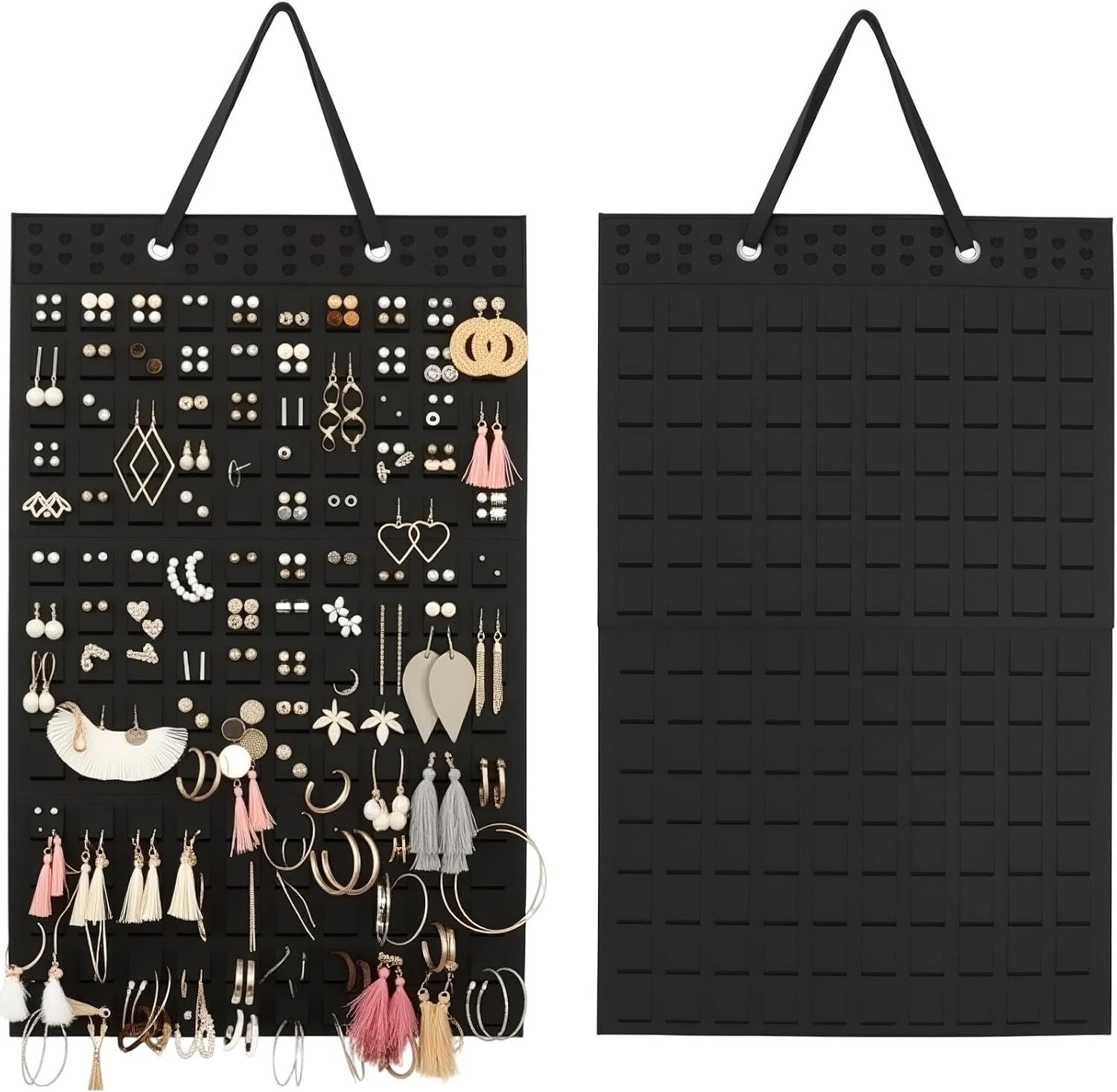 Sieradenorganizer en oorbelhouder van vilt, inklapbare sieradenstandaard voor ringen, halskettingen en armbanden, zwart, 57 x 35 cm, ideaal voor vrouwen en meisjes