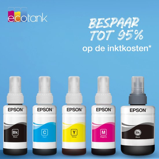 Vijf Epson EcoTank inktflessen met de tekst Bespaar tot 95% op de inktkosten.