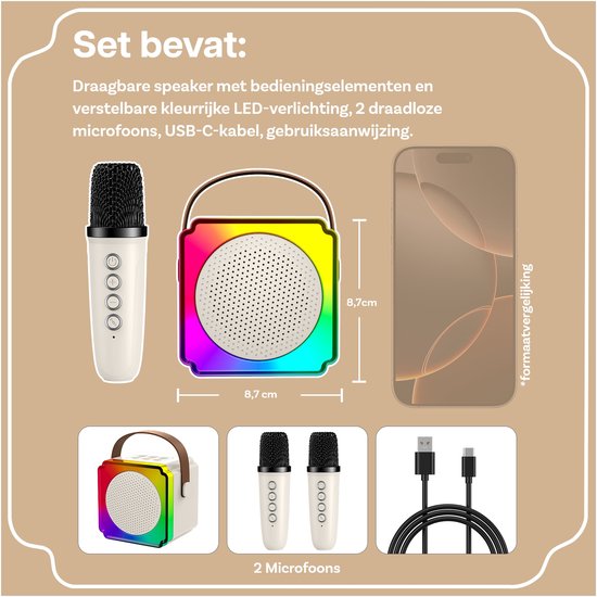 Karaoke Set voor Kinderen met Bluetooth Speaker van MMOBIEL – Met 2 Draadloze Microfoons, LED-verlichting, Geluidseffecten – Feest, Cadeau voor Meisje, Jongen, Kinderen 3+ jaar – Beige — afbeelding 4