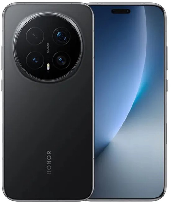 Honor smartphone in het zwart, tonend de achterkant met ronde cameramodule en de voorzijde.