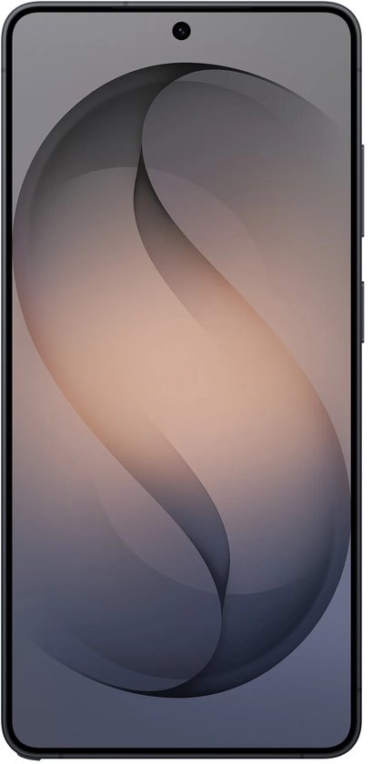 Voorzijde van een grijze smartphone met een abstract S-vormig schermbehang.