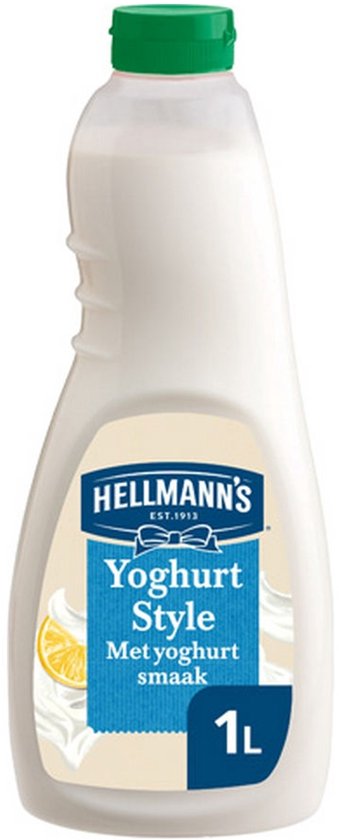 Fles Hellmann's dressing met yoghurtsmaak, 1 liter inhoud, met groene dop en blauw label.