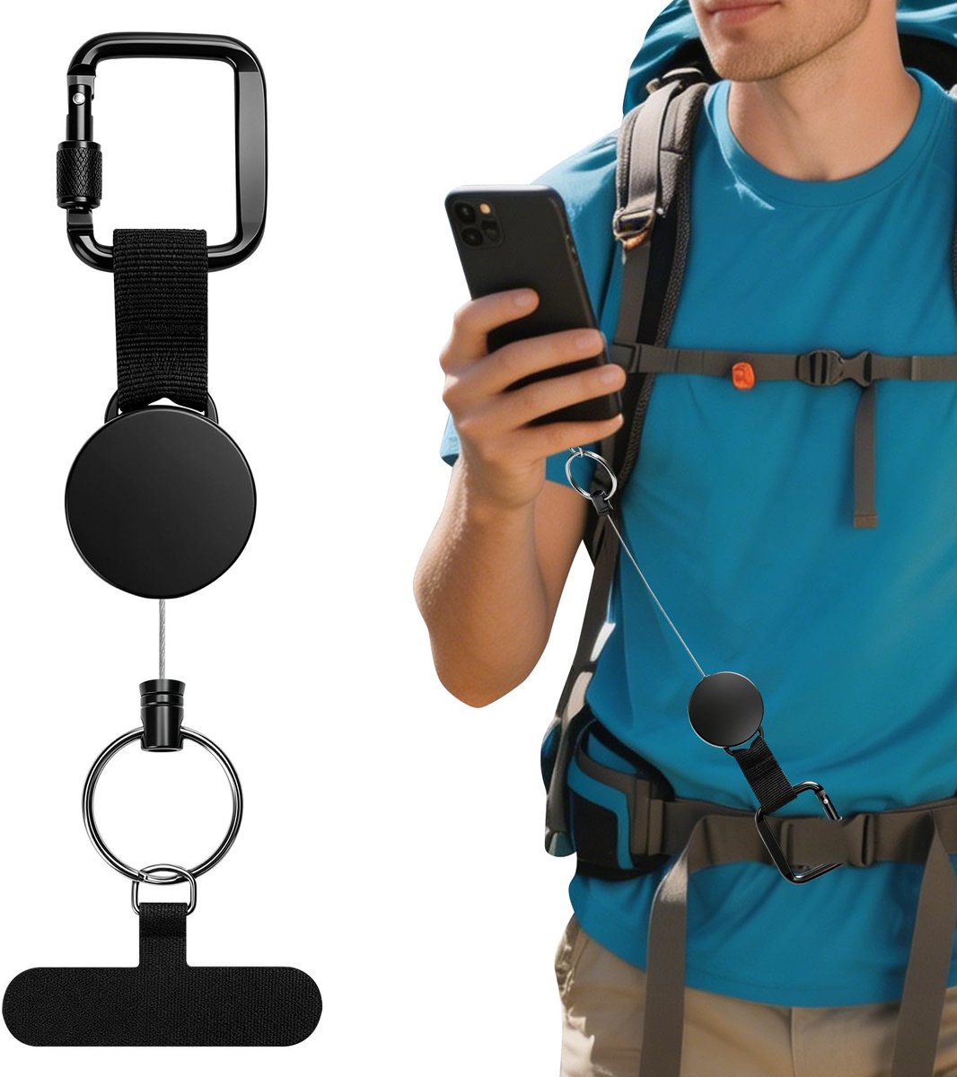 HAUXGOGO Intrekbare anti-diefstal telefoonband, universele telefoonband, zwart, Metallschlüsselanhänger - ShopVlot