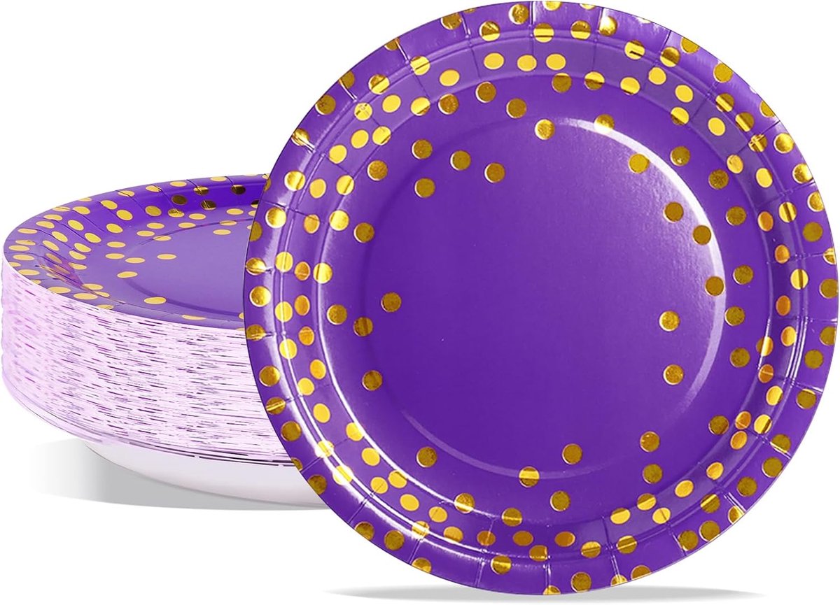 Paars en gouden partyservies, 50 stuks, papieren borden voor feestjes, 23 cm, ronde papieren borden voor verjaardag