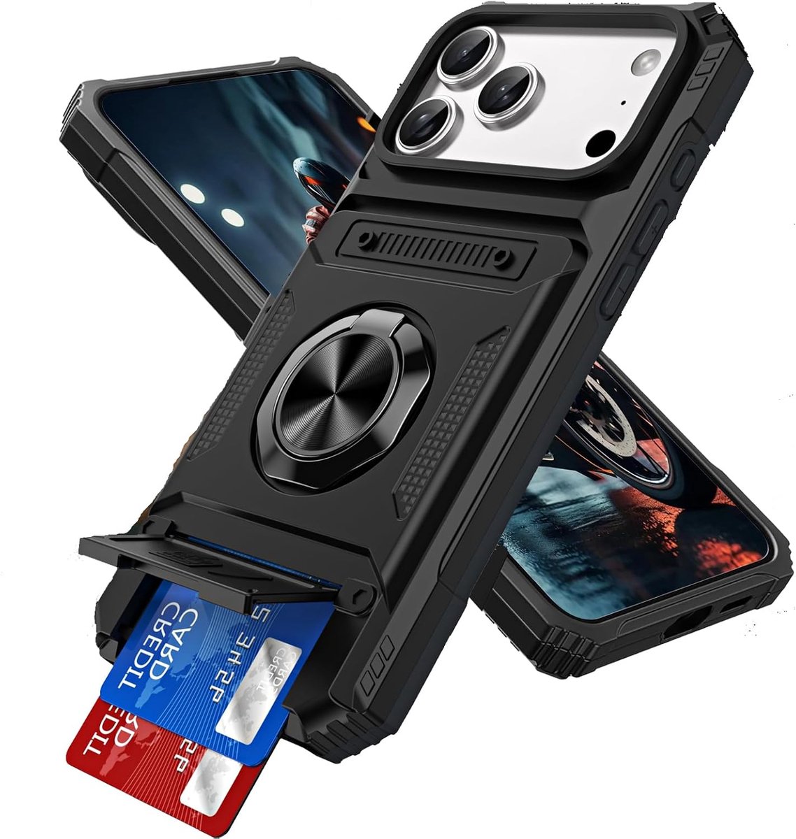 Beschermhoes voor iPhone 17 Pro met kaarthouder, standaard, zwart LM
