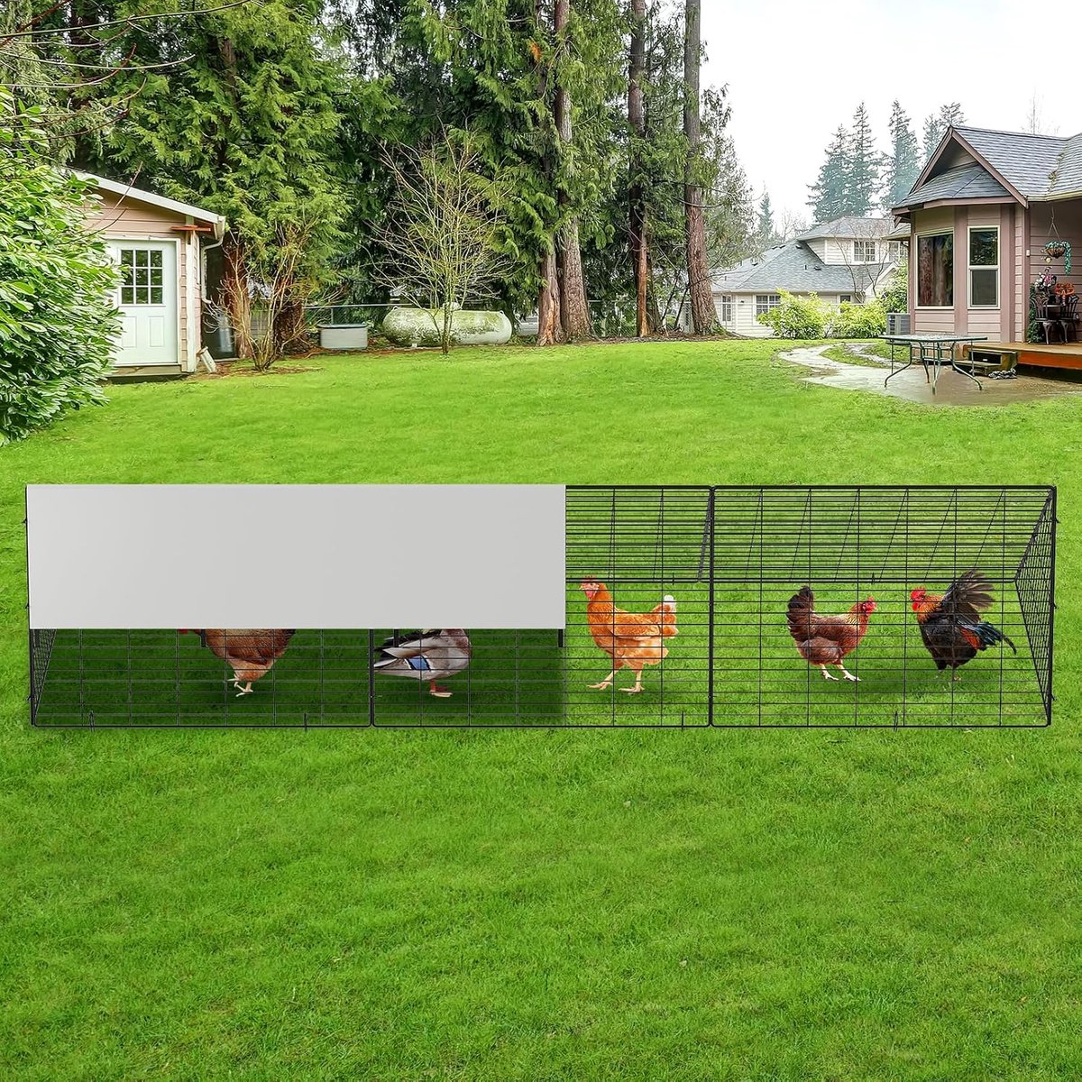 Kippenhok voor buiten met stalen gaas, kippenhok, driehoekige structuur met waterdichte en uv-bestendige hoes, grondharingen, voor kippen, konijnen en kleine dieren (300 x 60 x 70 cm)