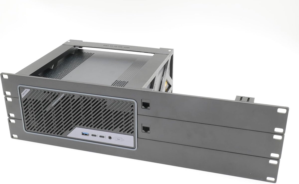 Mount for miniSforum MS-02 ULTRA with 2 RJ45 keystones 19inch 3U
