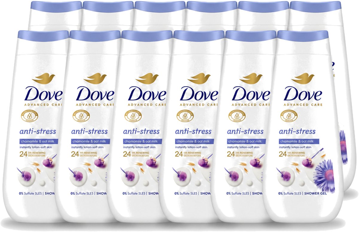 12 x Dove – Douchecrème – Anti-Stress – 225 ml - Voordeelverpakking - 12 stuks