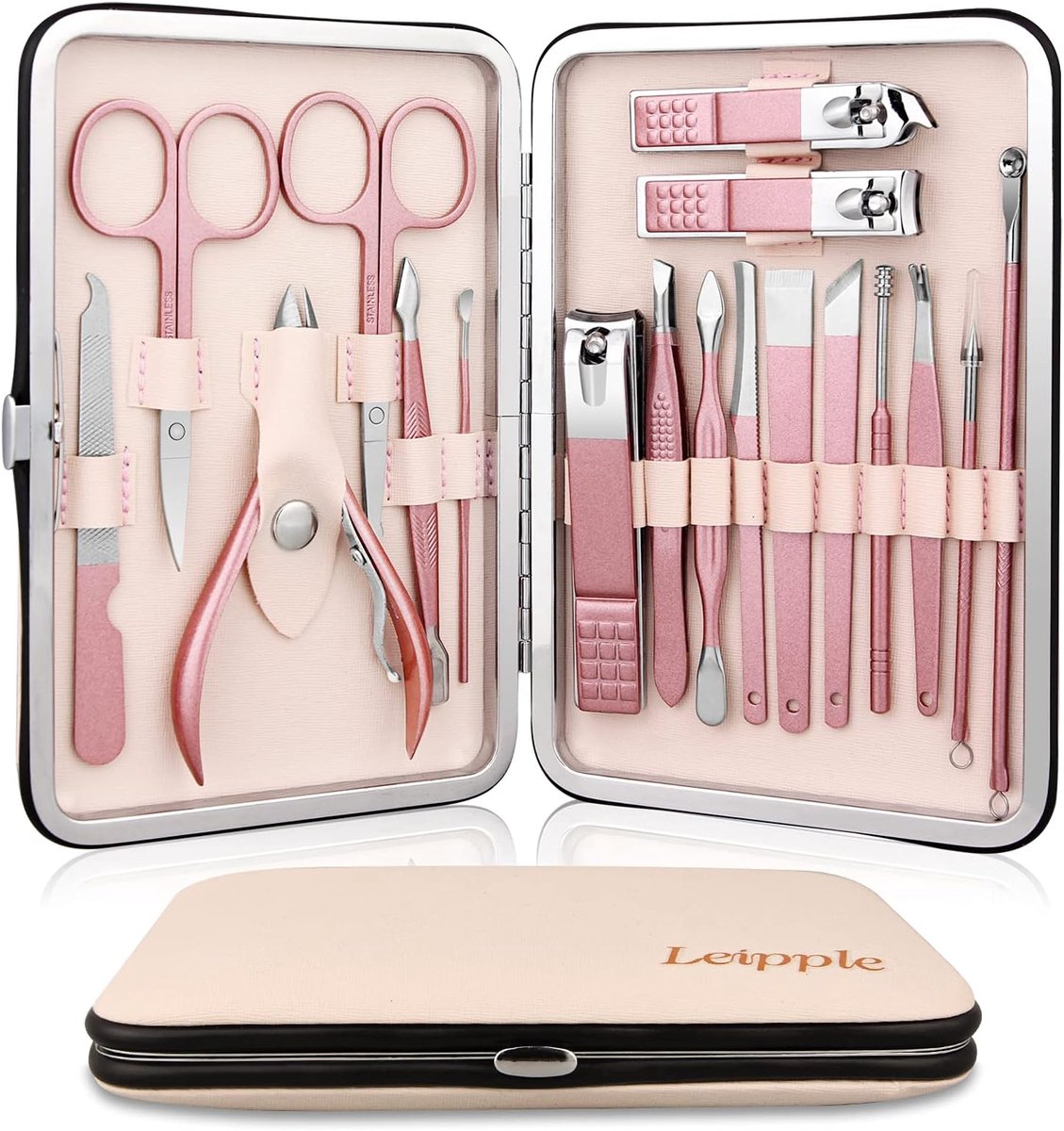 SnelShoppen - Professionele Manicureset - 18 Stuks Nagelverzorgingshulpmiddelen - Luxe Pedicure Set met Verbeterde Reistas in Beige/Roze - Voor Thuisg
