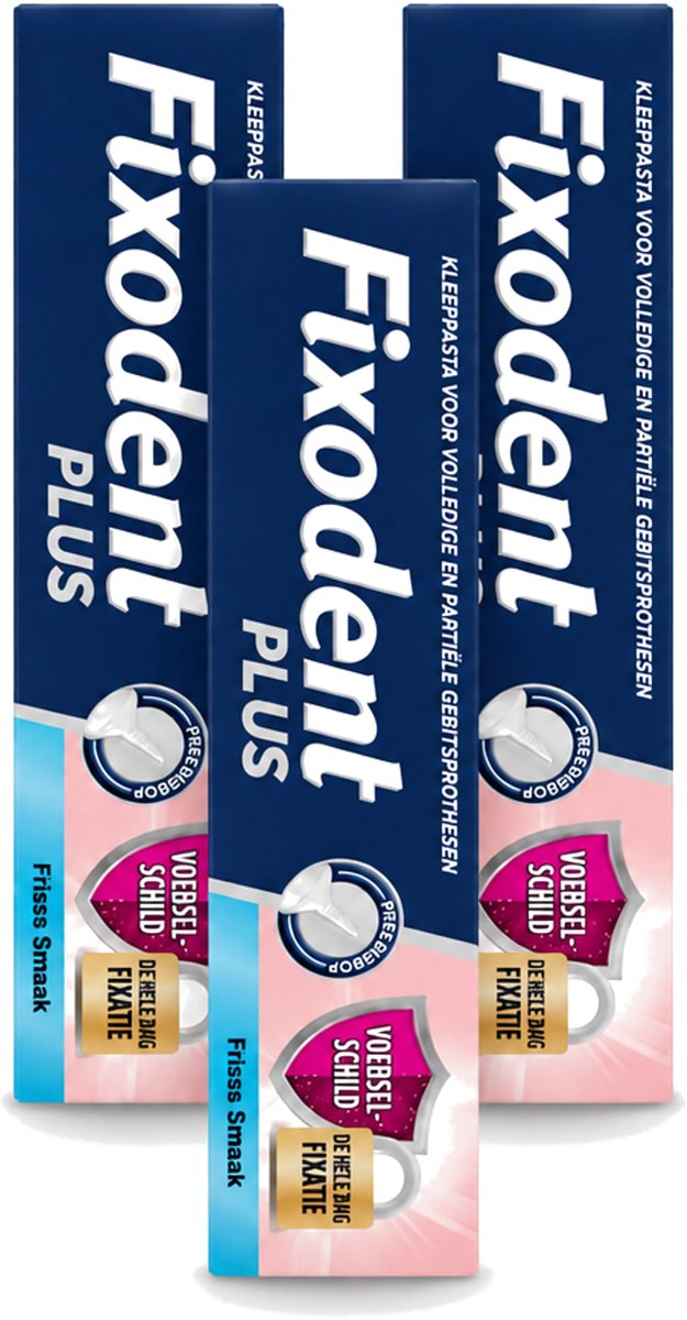 3 x Fixodent Plus – Kleefcrème – Food Barrier – Frisse Smaak – 40 g - Voordeelverpakking - 3 stuks