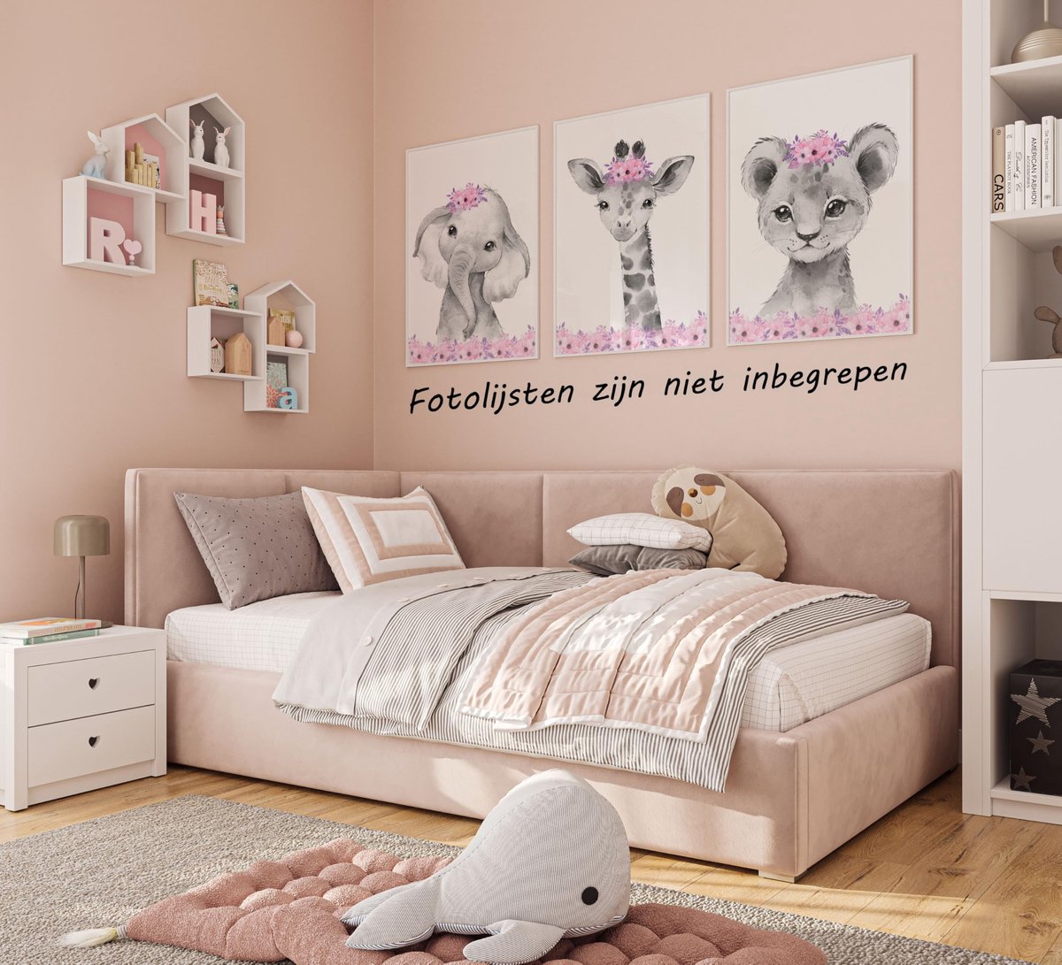 SnelShoppen - Safari Dieren Muurposter voor Babykamer - Set van 3 Ongeraamde Prints voor Meisjes | Roze Bloemenmotief met Giraffe, Olifant & Leeuw (A4
