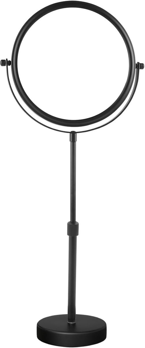 SnelShoppen - Verstelbare Hoogte Tafel Spiegel Zwart 5x Vergrotende Badkamer Scheerspiegel Vrijstaand Draaibaar Dubbelzijdig Ø 20 cm