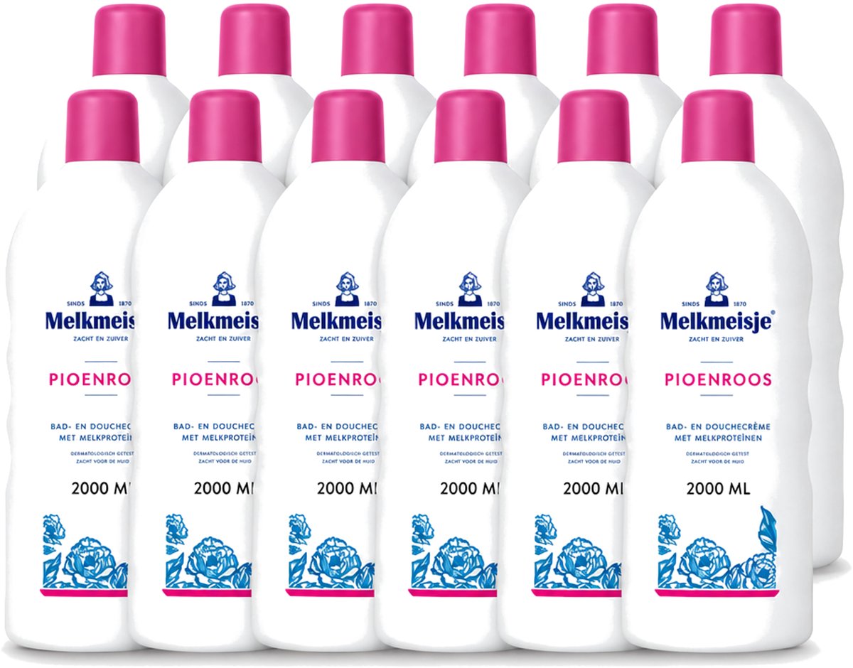 12 x Melkmeisje - Bad & Douche - Pioenroos Geur - Verzorgend & Hydraterend - 2000 ml - Voordeelverpakking - 12 stuks