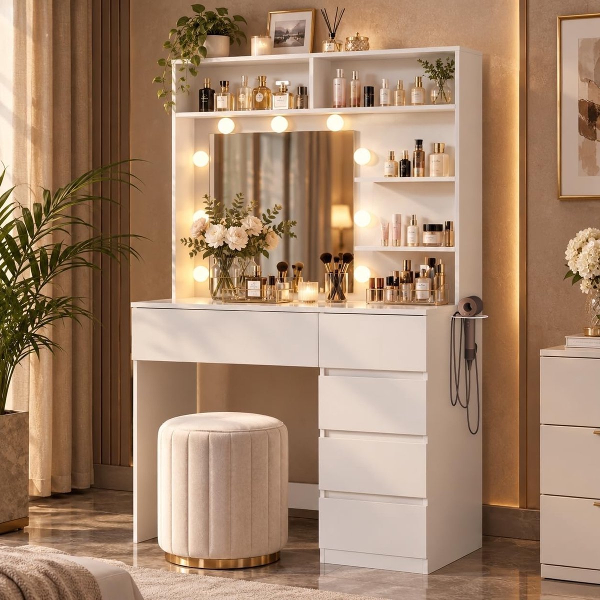 Kaptafel met spiegel, LED verlichting en stopcontacten, 80 cm breed, 157 cm hoog, 38 cm diep - Industrohome