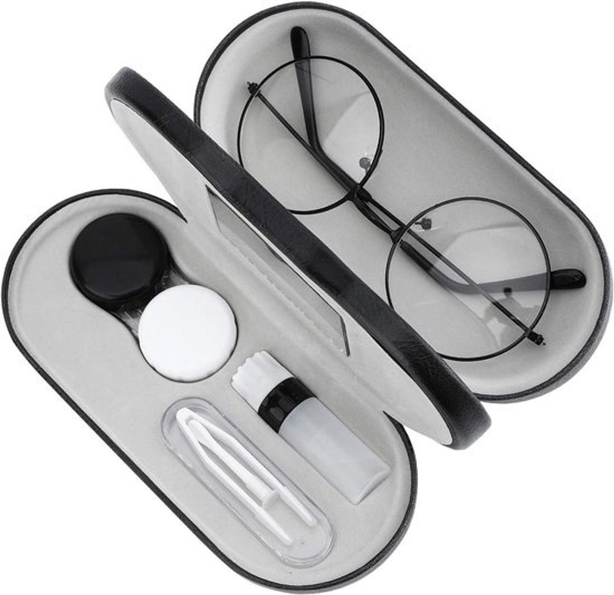 Dubbellaagse brillenkoker met spiegel en etui voor op reis - Voor zonnebrillen en contactlenzen - Draagbaar en lichtgewicht - Voor unisexgebruik