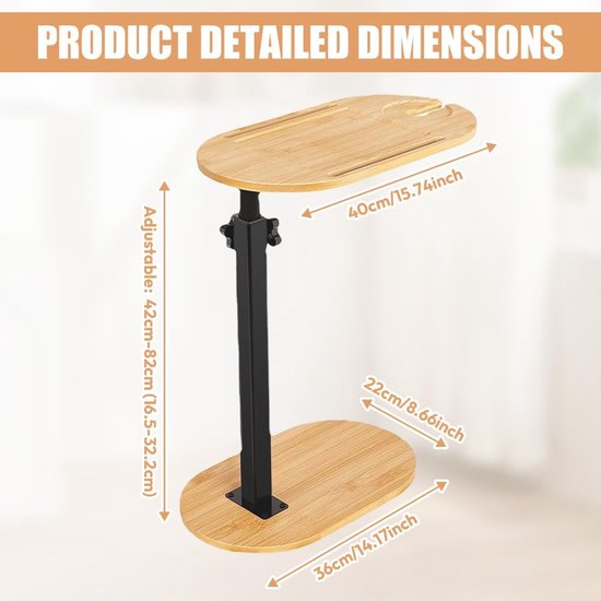 Bijzettafel C-vorm, bijzettafel, bank, in hoogte verstelbaar, 360 graden draaibaar, kleine bijzettafel, 40 x 22 cm, bamboe bijzettafels, kleine koffietafel met sleuf voor mobiele telefoon — afbeelding 2