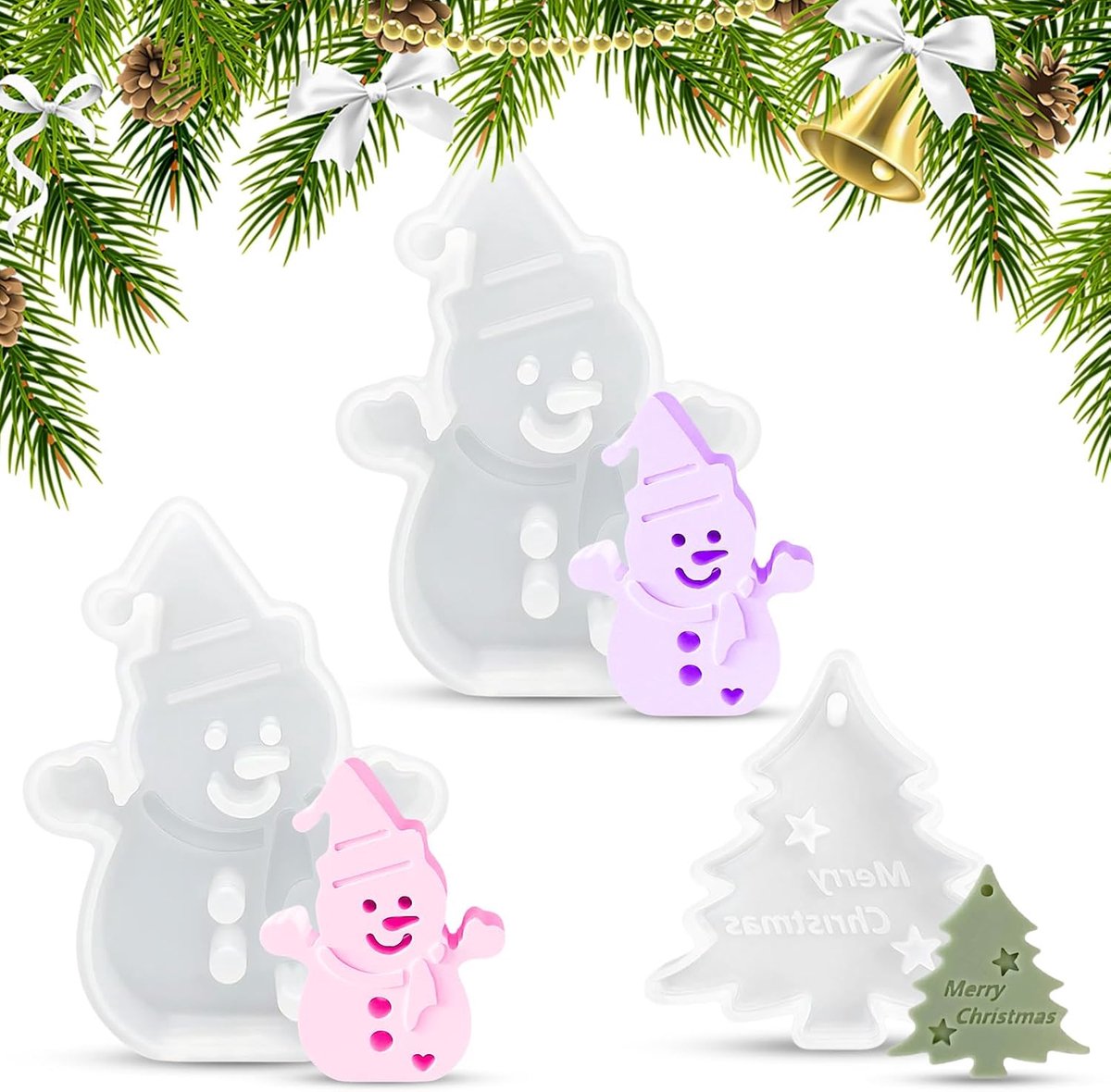 3 stuks siliconen gietvormen voor Kerstmis, 2 siliconen vormen, sneeuwpop en 1 gietvorm, dennenboom voor gipsvormen om te gieten, doe-het-zelf zeep, handwerk