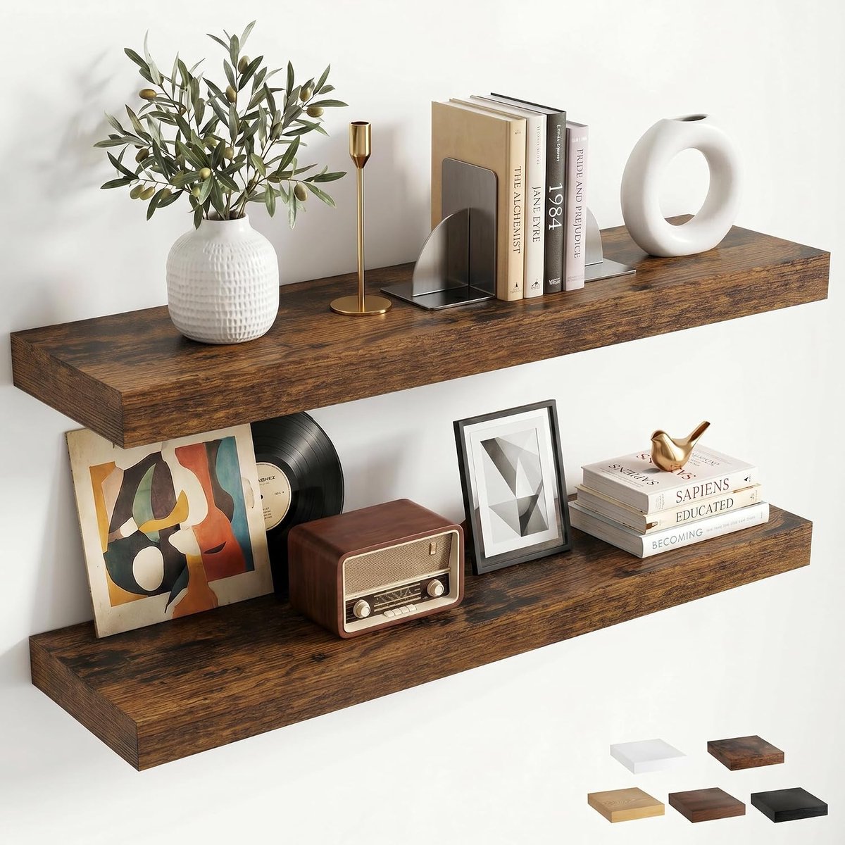 80 cm, wandplank, set van 2, bruin met robuuste ijzeren houder, max. belasting 27 kg, 19,5 cm extra diep zwevend rek voor keuken, slaapkamer, woonkamer, badkamer