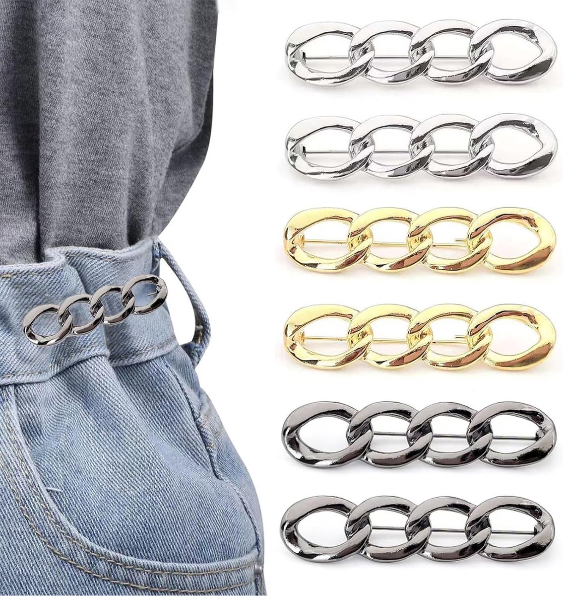 Taille Tightener 6-Pack Verstelbare Taille Clips voor Jeans, Broek, Rokken, 6 x 1,2 cm, Goud, Zilver, Zwart, Duurzame & Herbruikbare Tailleband Adjuster Clips, Gemakkelijk te gebruiken voor