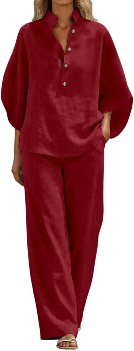 2-delige set voor dames, katoen, tuniek en broek, casual, lange mouwen, losse top, decoratieve knopen, vloeiend, effen, kantoor, grote maat, A175