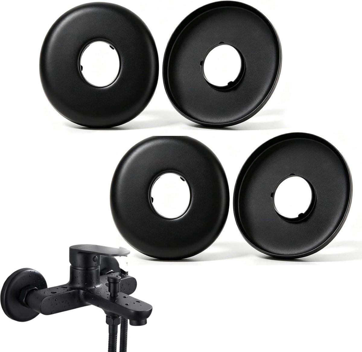Kraanrozet, 4 stuks, rozet, kraan voor buiten, roestvrij staal (3/4), Ø 27 mm x Ø 69 mm x hoogte 8 mm, garnituur voor wanddouchekraan, zwart