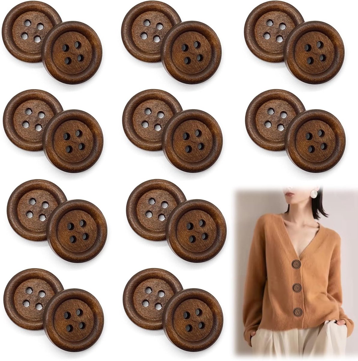 Ronde Houten Knopen met 4 Gaten voor Kleding, Overhemden en Jassen - 20 Stuks in Koffiekleur, 20mm, Ideaal voor Naaiprojecten en Creatieve Handwerken