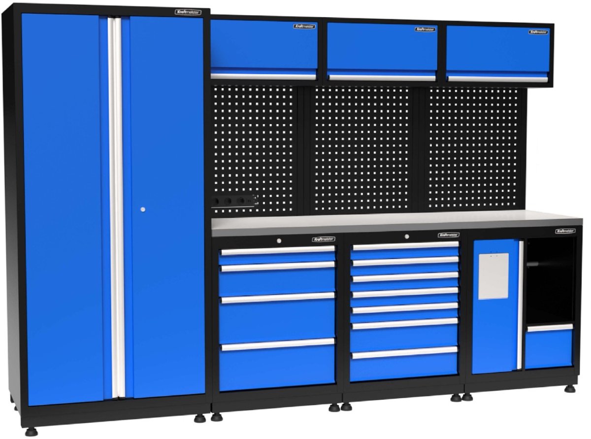 Kraftmeister werkplaatsinrichting - Werkbank met 3 wandkasten, 1 werkplaatskast, 1 prullenbak en RVS werkblad - Werktafel met 11 laden en gereedschapswand - Complete set voor werkplaats of garage - Blauw