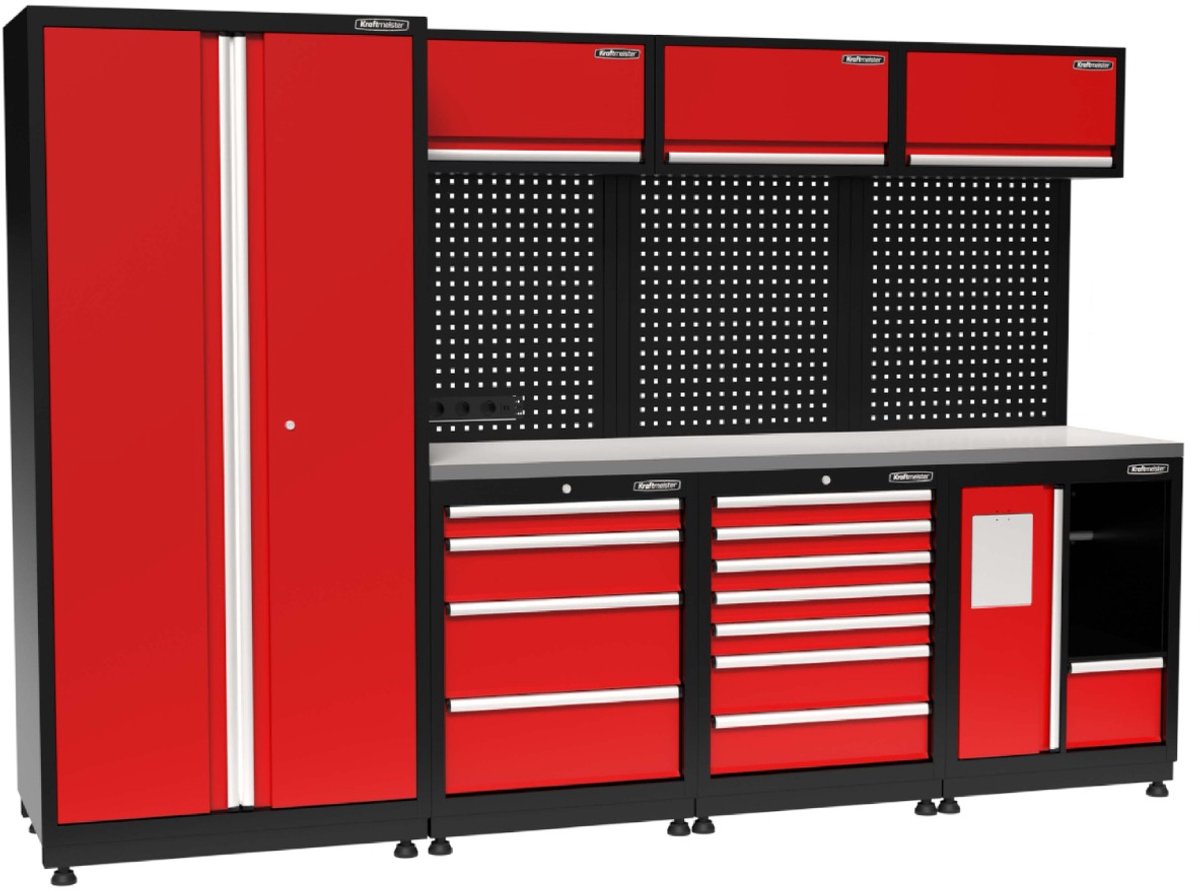 Kraftmeister werkplaatsinrichting - Werkbank met 3 wandkasten, 1 werkplaatskast, 1 prullenbak en RVS werkblad - Werktafel met 11 laden en gereedschapswand - Complete set voor werkplaats of garage - Rood
