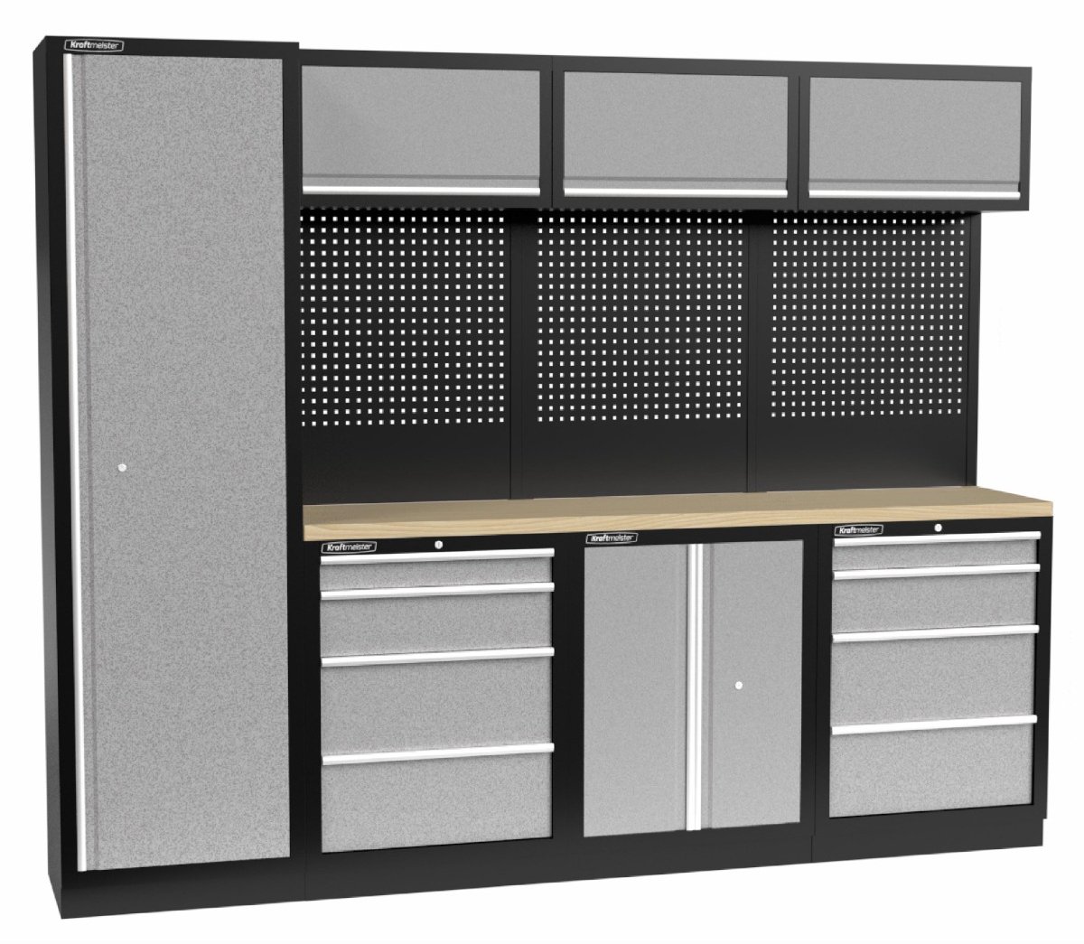 Kraftmeister werkplaatsinrichting - Werkbank met 3 wandkasten, 1 werkplaatskast, 1 opbergkast en multiplex werkblad - Werktafel met 8 laden en gereedschapswand - Complete set voor werkplaats of garage - Grijs