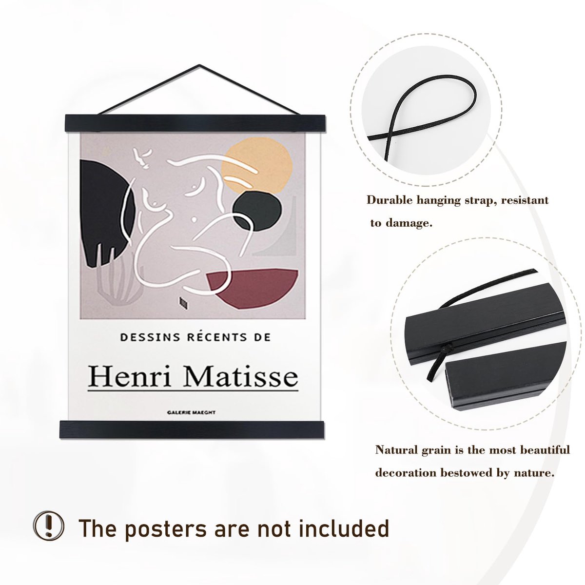 Licht houten posterhanger voor grote foto's, canvas kunst en wandkaarten - 84 cm lang, zwart