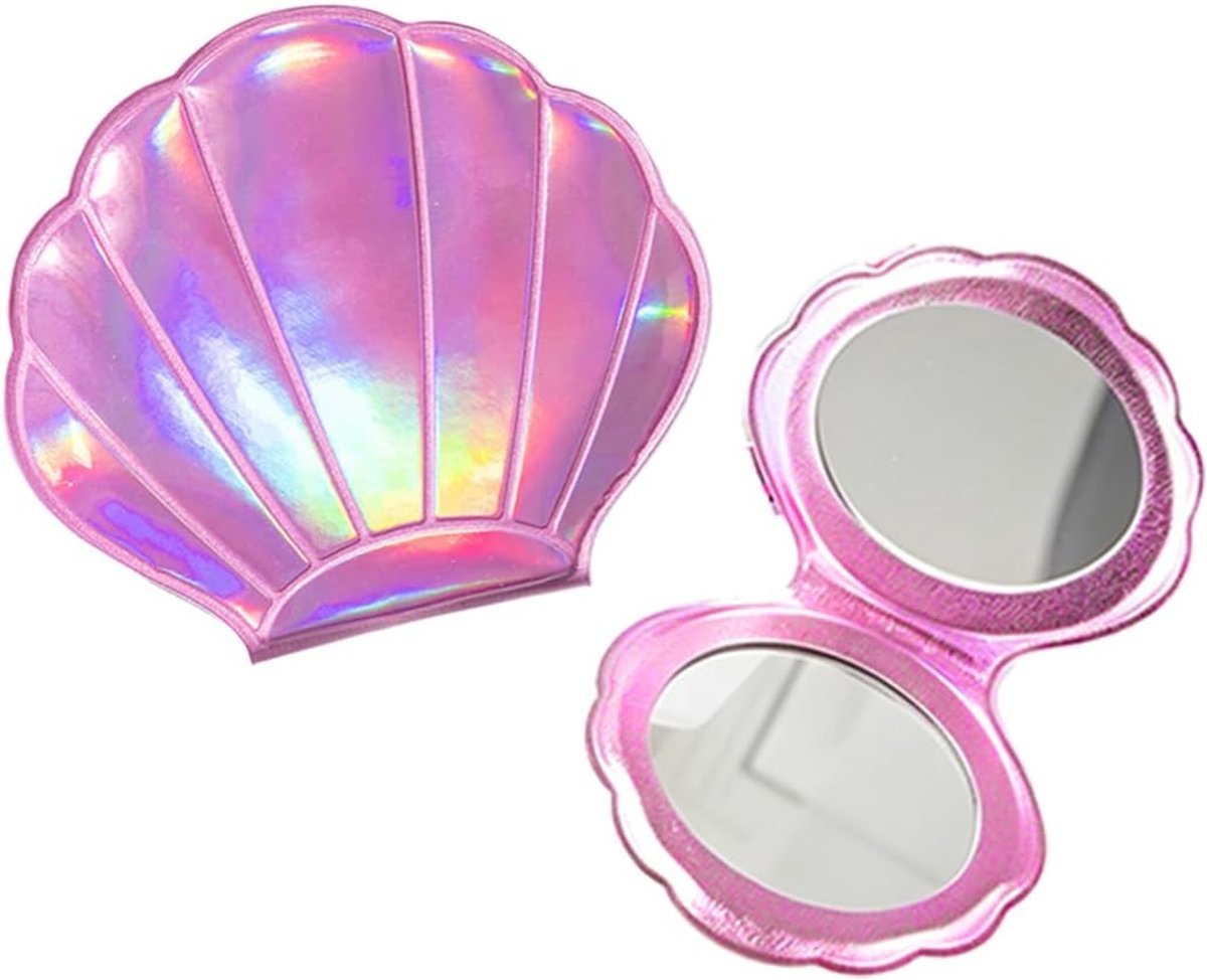 SnelShoppen - Opvouwbare Roze Schelp Handspiegel met Dubbelzijdige Spiegel en 2x Vergroting, Draagbaar en Lichtgewicht voor Make-up, Ideaal voor Onder