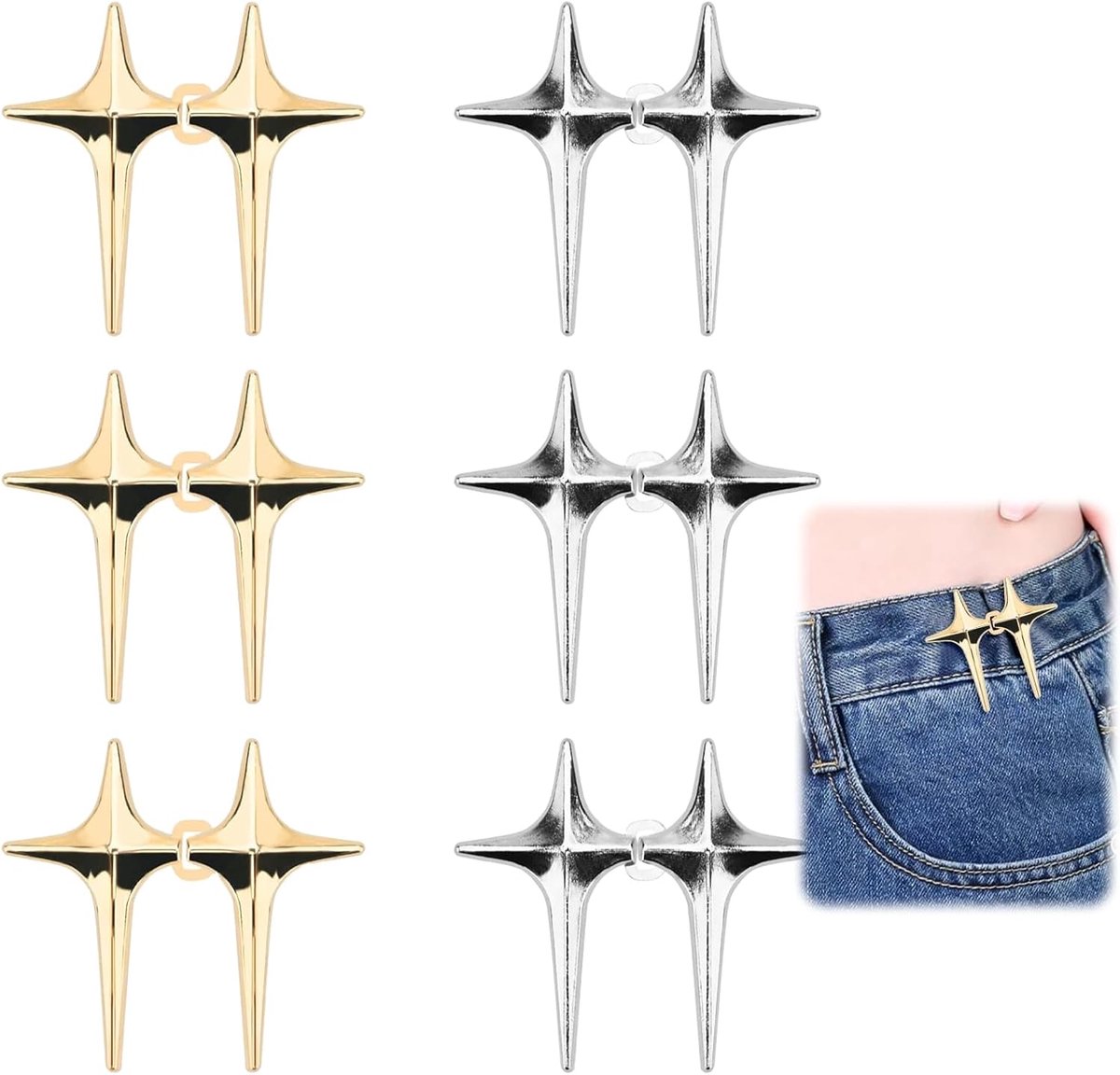 Metal Cross Star Jean Button Pins, Waist Tensioner for Trousers, Metal Waist Belt in Star Shape, 6 Pairs Adjustable - ShopVlot