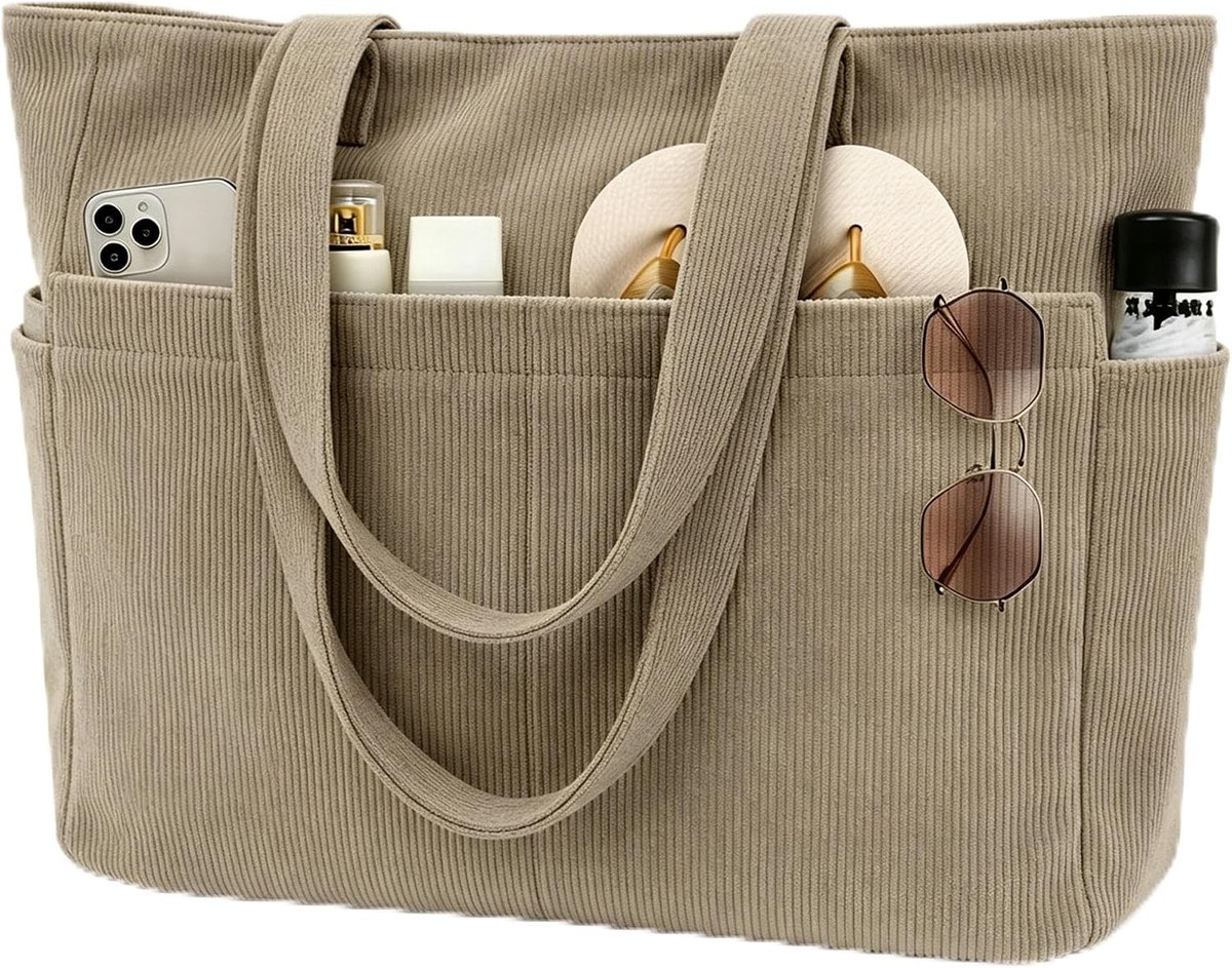 Beifon Corduroy strandtas XXL familie 25 l/18 l met ritssluiting, grote tote bag dames, shopper tas, badtas, laptoptas met 17 inch laptopvak, reistas, handtas, schoudertas
