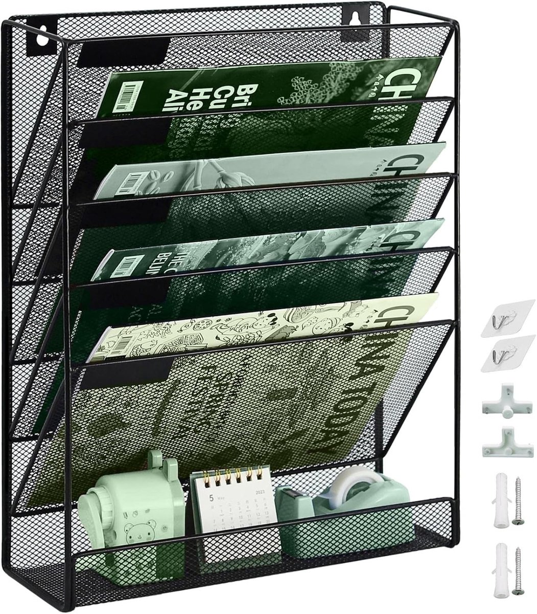 Vijf pockets wandbestandsorganizer met vlakke ondertray, hangende mappenhouder en naamlabelhaken, zwart, ideaal voor kantoor en thuisgebruik