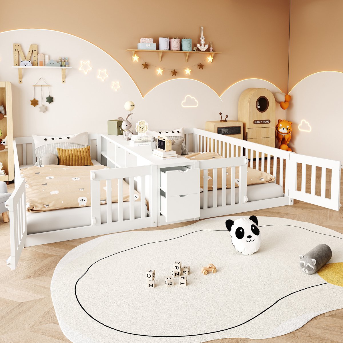 REDOM Bedframe met twee slaapplaatsen - Open opbergvak en twee lades - Hoge veiligheidshekken - Hout en MDF - Wit - 90 x 200 cm