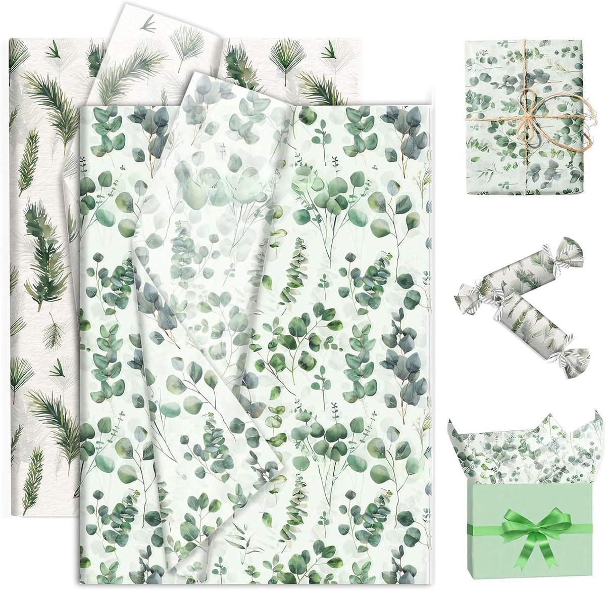 100 vellen zijdepapier verpakkingsmateriaal, 50 x 35 cm, 2 designs zijdepapierset, elegante bloemenverpakking, patroon verpakkingspapier voor bruiloft, verjaardagen en feestdecoratie (groen)