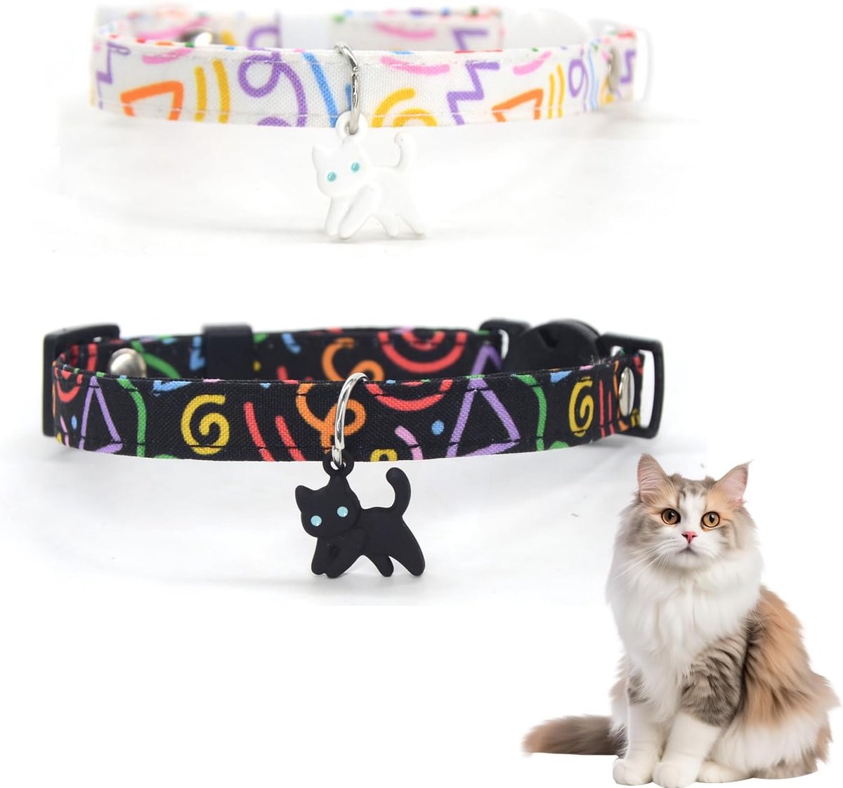 Halsbanden, anti-wurging, verstelbaar, 16-26 cm, met veiligheidsgesp en hanger van siliconen, graffitimotief, zwart en wit, voor katten en kittens (maat S)