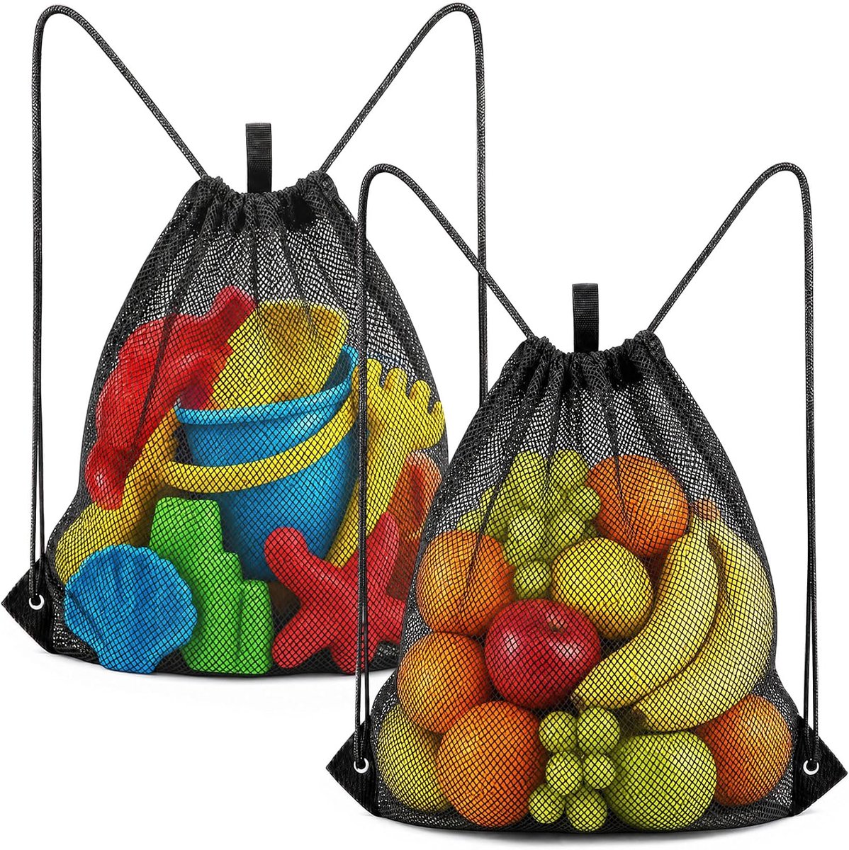 2 Stuks Mesh Strandtas met Koord 50x45 cm, Lichte Turnzak van Netmateriaal voor Strand, Sport & Gym, Veelzijdige Opbergtas voor Schoenen, Wasgoed en Reisaccessoires