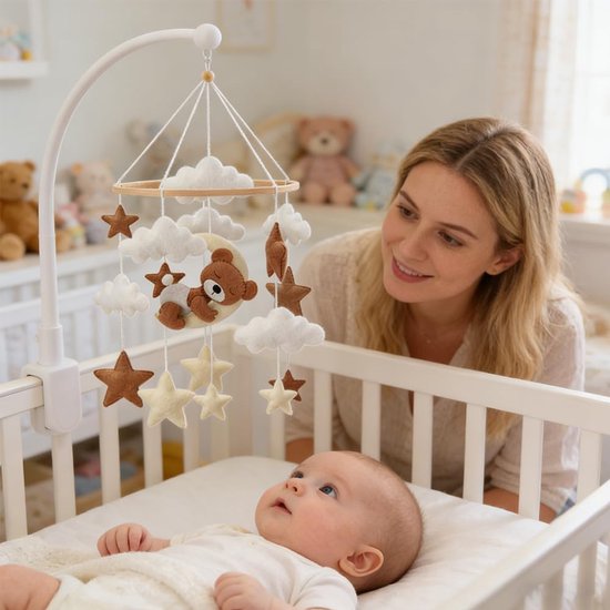 Beer mobiel babybed vilt, mobiel kinderbed, bedbel, windgong, witte wolken en sterren, slaaphulp, babymobiel voor bed voor babykamer, decoratie voor jongens en meisjes — afbeelding 3
