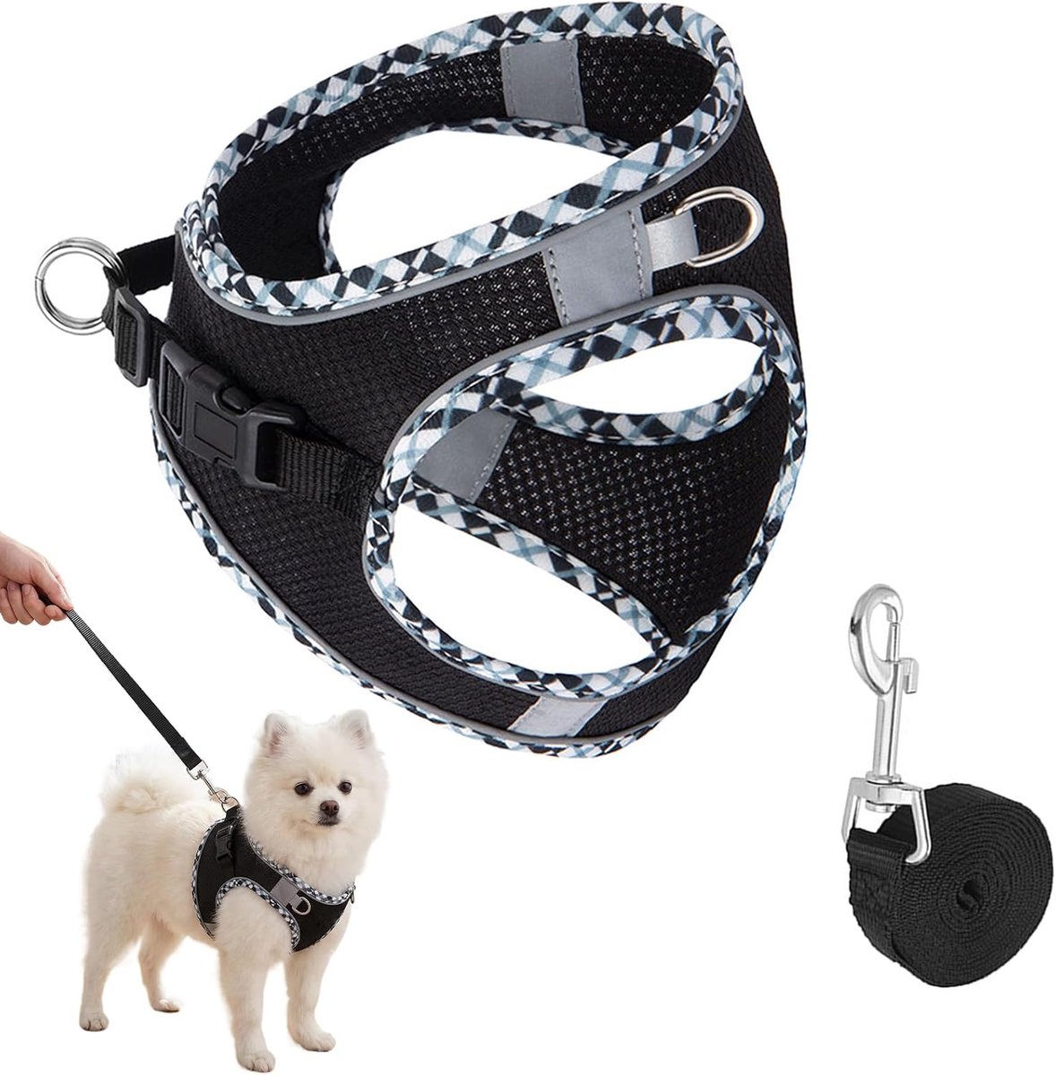 Hondenharnas en riem, anti-trekharnas voor honden, M, zwart | Hondenharnas met riem, ademend en reflecterend, ideaal voor kleine honden, puppy's en katten