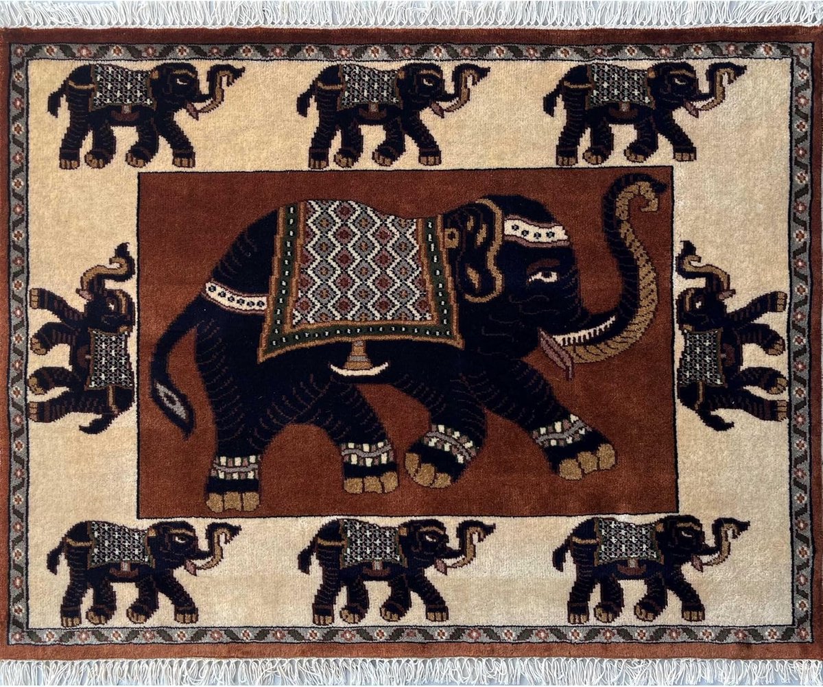 4x3ft Jaipuri Olifant Koper Wollen Tapijt - Handgeknoopt Traditioneel Gebied Tapijt