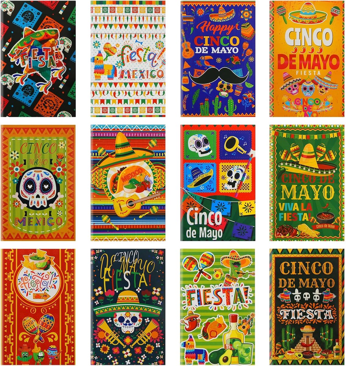 Mexican Cinco de Mayo Notepads, 12 Pieces Sombreros Sugar Skulls Maracas Taco's Colorful Patterns Pocket Notebook - ShopVlot