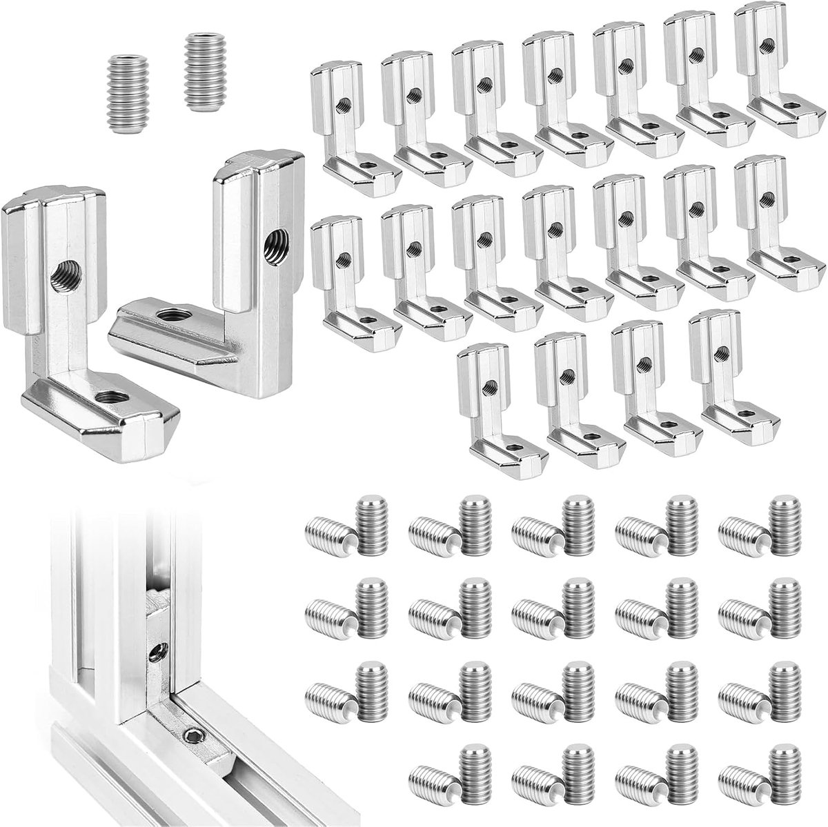 20 Pcs Inner Angle Connectors, 4040 M6 Slot Aluminum Profile Connector with 40 T-Groove Screws, 90° L Shape Inner - ShopVlot