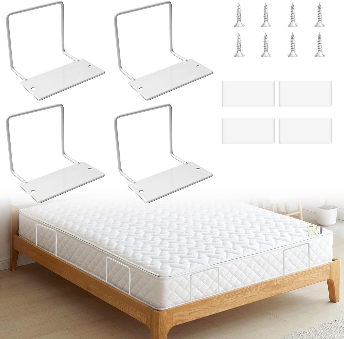 GAOUTO 4 stuks matrashouders tegen wegglijden: matrashouder voor bedframe met dubbelzijdig plakband en schroeven - ShopVlot