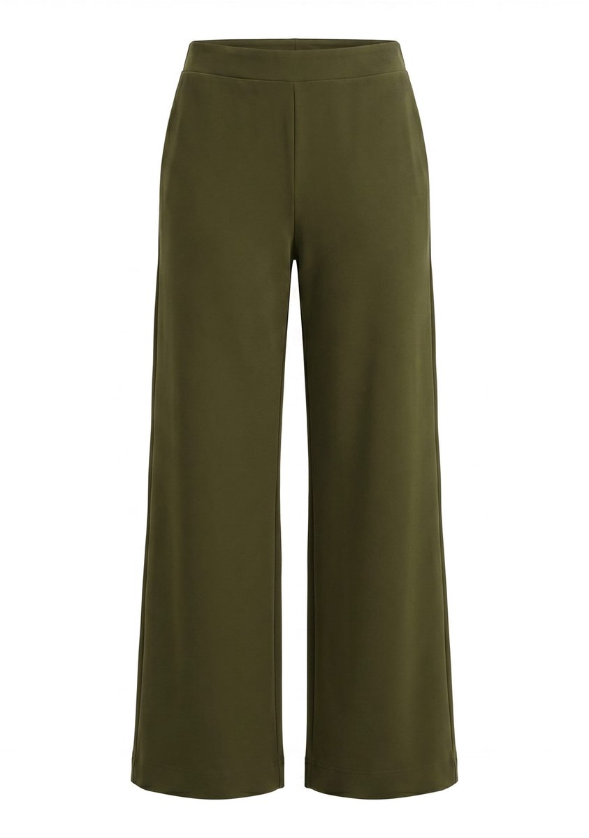 Ulla Popken - Dames - Punto broek rechte wijde pijpen elastische tailleband - Donkerkaki - Maat 46