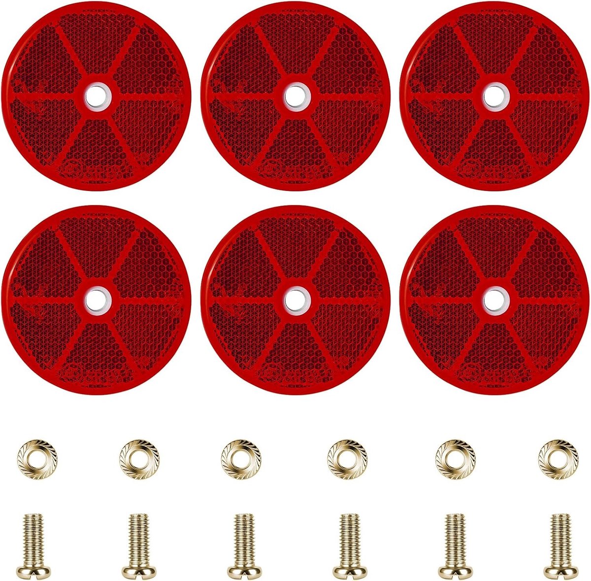 Set van 6 Ronde Veiligheidsreflectoren met Schroeven, Ø 60 mm, Geschikt voor Barrières, Caravans, Tractoren en Vrachtwagens, Rood