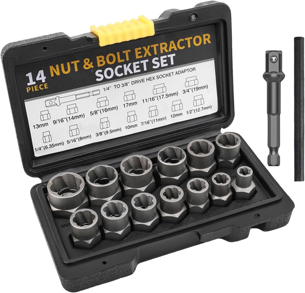 Complete 15-delige set voor het verwijderen van moeren en schroeven, inclusief schroefextractoren en moerextractoren voor diverse maten (6.5-19mm)